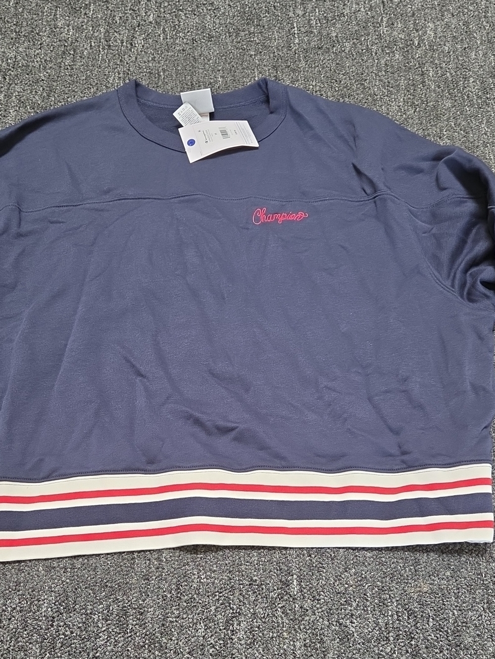 (#2C) Champion Navy Crewneck with Pink Logo and Striped Hem